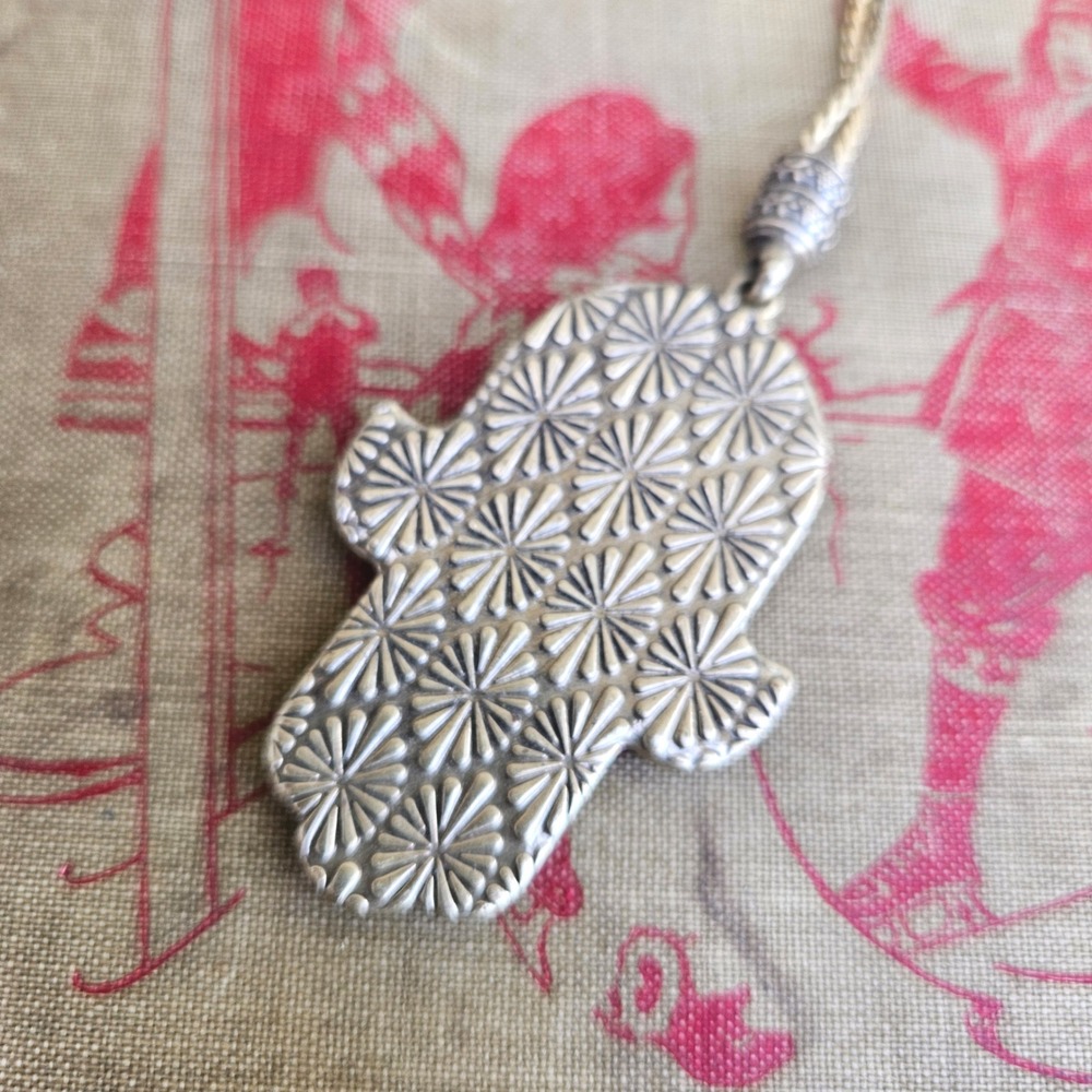 Lucky Brand Hamsa Hand Pendant Necklace Silver Tone Turquoise Tigers Eye Boho - Picture 4 of 6